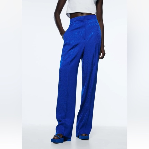 Zara Blue Satin Wide Leg High Waisted Pants - Picture 1 of 10